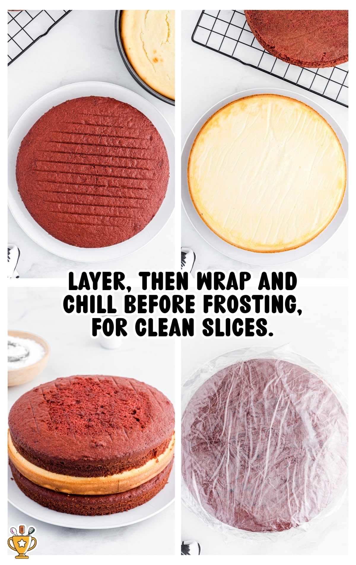Red velvet cake and cheesecake layers stacked together before frosting, chilled to create clean slices.