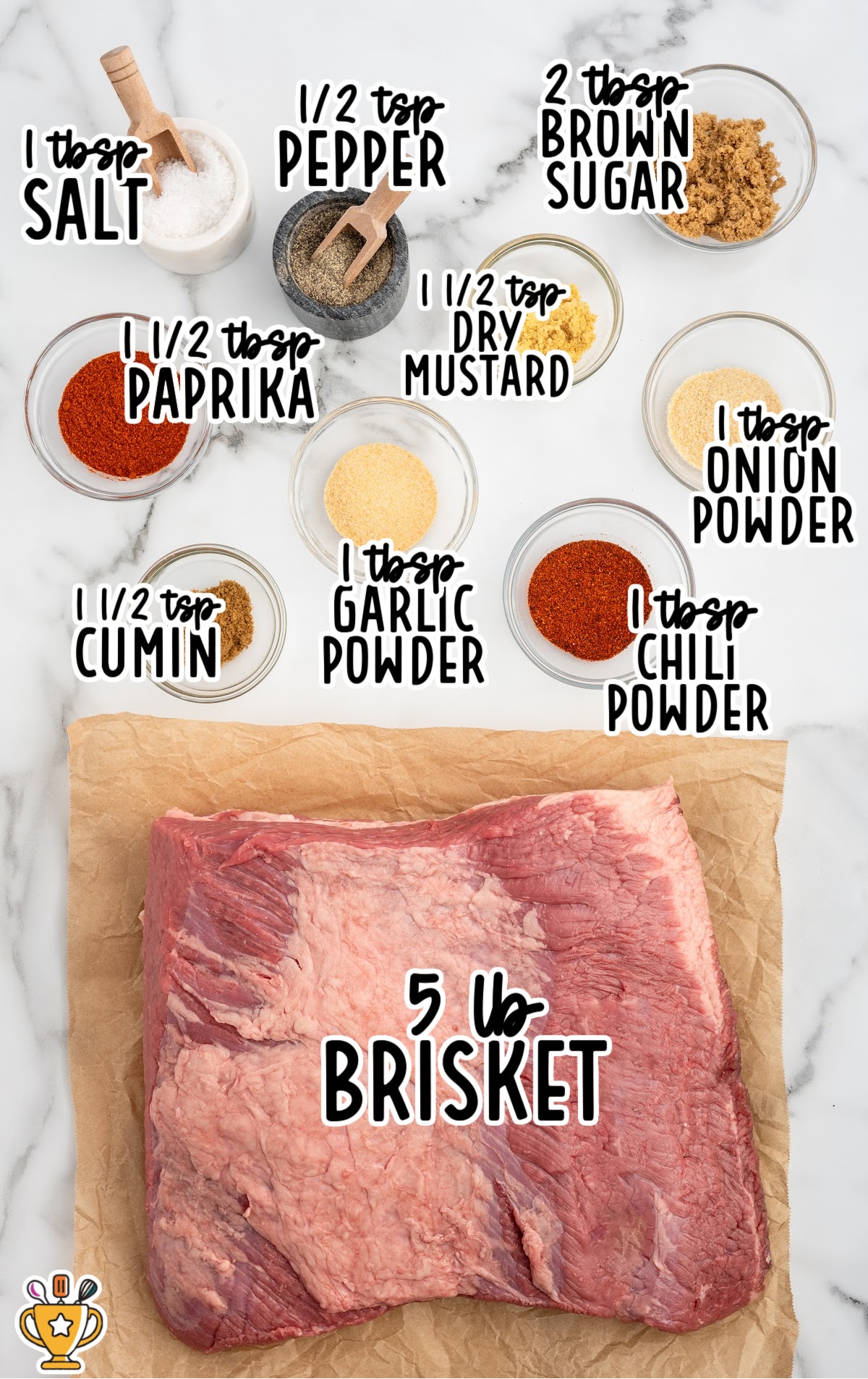 Overhead ingredient layout for slow cooking brisket in the oven on a white marble surface. A raw 5 lb brisket sits on parchment paper labeled &ldquo;5 lb BRISKET.&rdquo; Surrounding it are bowls of spices labeled &ldquo;1 tbsp SALT,&rdquo; &ldquo;½ tsp PEPPER,&rdquo; &ldquo;2 tbsp BROWN SUGAR,&rdquo; &ldquo;1 ½ tbsp PAPRIKA,&rdquo; &ldquo;1 ½ tsp DRY MUSTARD,&rdquo; &ldquo;1 tbsp ONION POWDER,&rdquo; &ldquo;1 tsp GARLIC POWDER,&rdquo; &ldquo;1 tbsp CHILI POWDER,&rdquo; and &ldquo;½ tsp CUMIN.&rdquo;