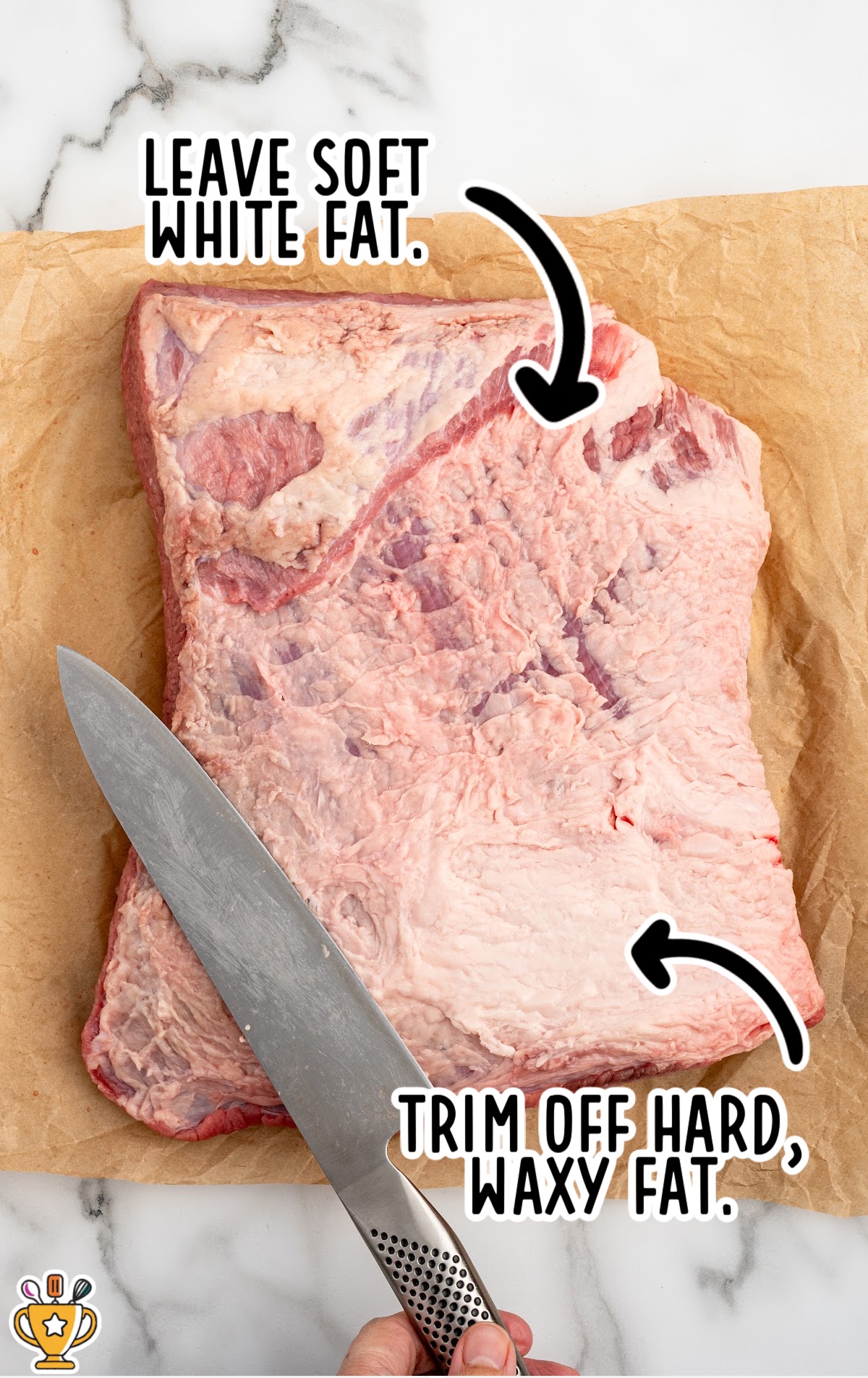 Overhead view of a seasoned beef brisket placed fat side down in a foil pan, with raw brisket shown above for comparison, demonstrating that both sides are seasoned before slow cooking brisket in the oven.