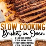 Sliced slow-cooked brisket arranged on a wooden cutting board with a dark, flavorful crust and tender center. Text on the image reads &ldquo;Slow Cooking Brisket in Oven.&rdquo;