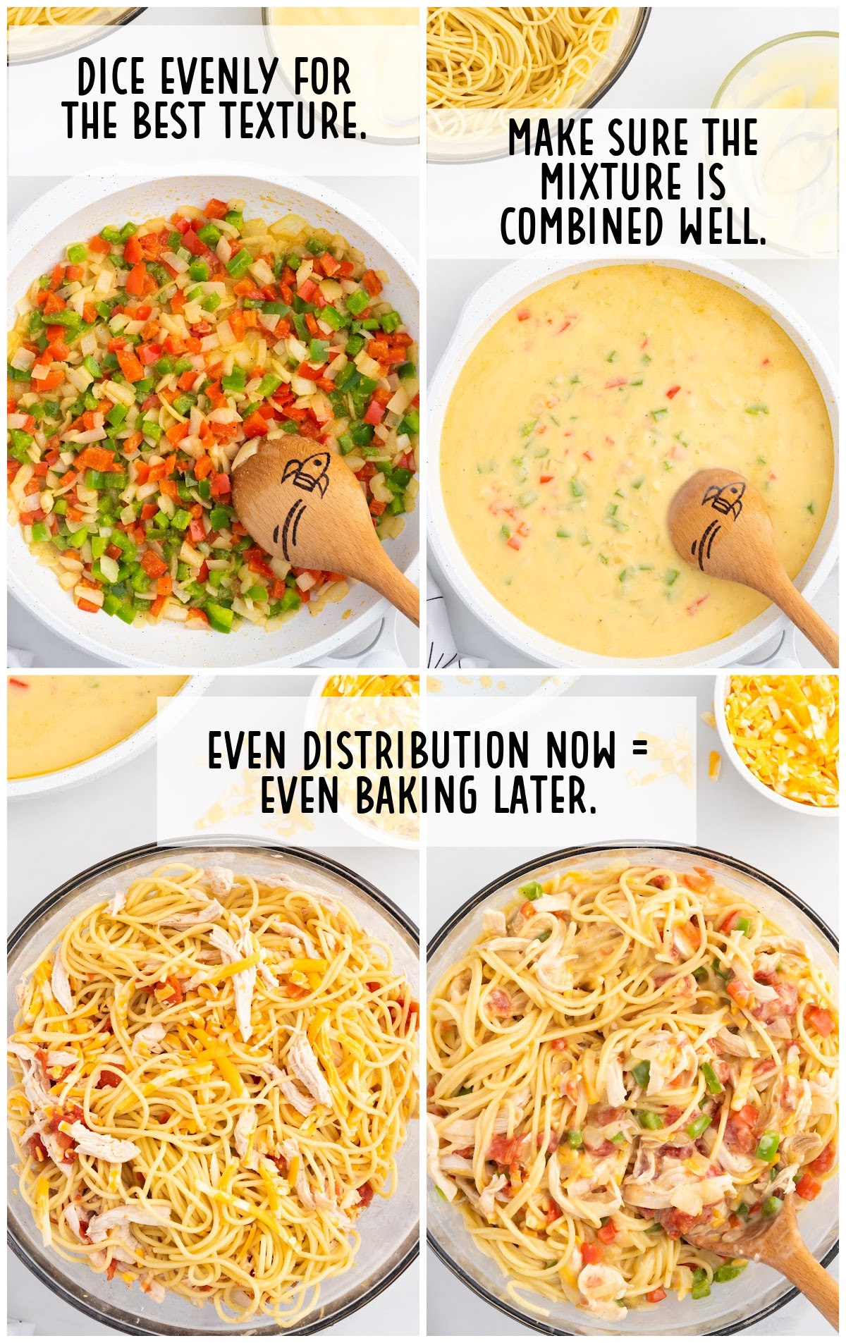 Step-by-step collage showing diced onion and bell peppers sautéed in a pan, a creamy soup mixture stirred smooth, dry spaghetti with chicken and tomatoes before mixing, and fully combined chicken spaghetti coated evenly in a creamy sauce.