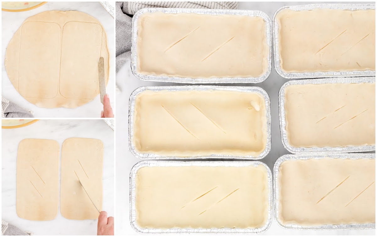 Pie crust rolled out and cut to size on a cutting board, alongside unbaked chicken pot pies topped with crust and vented slits in foil loaf pans.