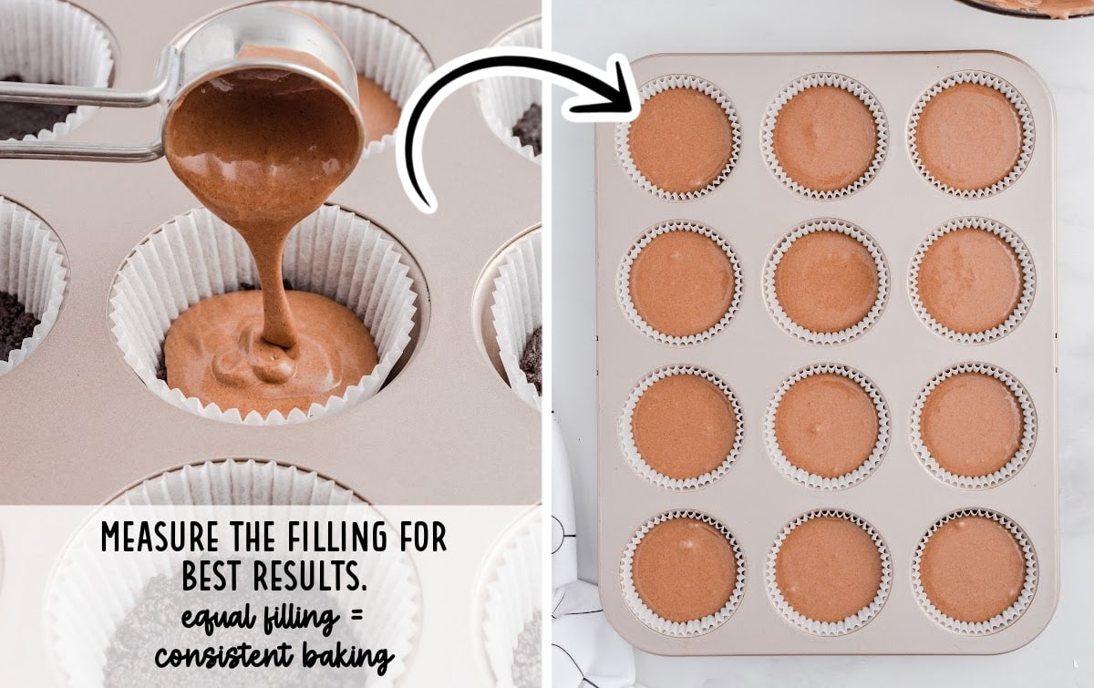 Chocolate cheesecake batter being scooped into cupcake liners over cookie crusts, alongside a muffin pan filled with evenly portioned batter, with text explaining that equal filling helps ensure consistent baking.