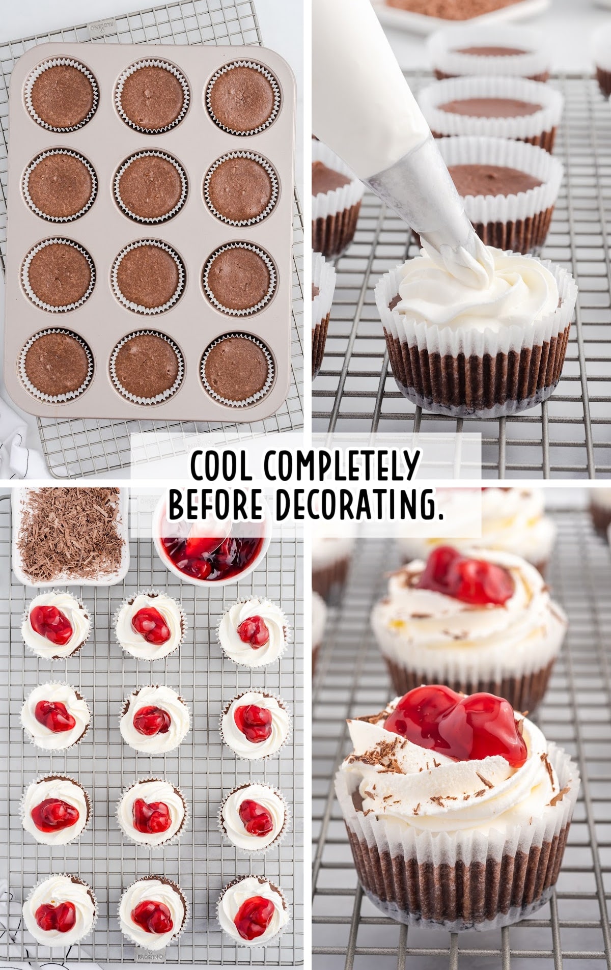 Baked mini chocolate cheesecakes cooling in a muffin pan and being decorated with whipped topping and cherry pie filling, with text reading “Cool completely before decorating.”