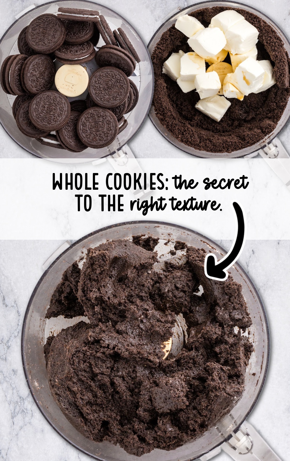 Overhead view of an Oreo ball held on a fork above a bowl of melted white chocolate, showing how to let excess chocolate drip off before placing the coated ball on the tray.