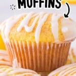 Vertical Pinterest graphic featuring glazed lemon cake mix muffins with bold text reading “Easy Cake Mix Muffins” and “Quick & Family Friendly.” A box of Betty Crocker Delights Super Moist Lemon cake mix appears in the corner alongside golden muffins topped with white icing drizzle.