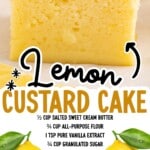Pinterest graphic of a powdered-sugar-topped Lemon Custard Cake square showing the three layers (custard base, creamy center, cake top), with text “Lemon Custard Cake” and an ingredient list: ½ cup salted sweet cream butter, ¾ cup all-purpose flour, 1 tsp pure vanilla extract, ¾ cup granulated sugar, 4 large eggs, ¼ tsp white vinegar, 1 ½ tbsp lemon zest, 4 tbsp lemon juice, ½ tsp lemon extract, 1 ¾ cup whole milk, 2 to 3 tbsp powdered sugar; bottom text reads “FIND MORE RECIPES AT THEBESTBLOGRECIPES.COM.”