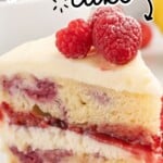 Vertical Pinterest image of Lemon Raspberry Cake slice topped with fresh raspberries and powdered sugar. Text reads “LEMON RASPBERRY cake” and “Easy, bakery-style recipe at home!” showing moist lemon layers with raspberry filling and creamy frosting.