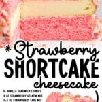 Vertical Strawberry Crunch Cakegraphic showing pink strawberry cake layers with a creamy vanilla cheesecake center, cookie crumb topping, and text overlay listing ingredients and the recipe name.