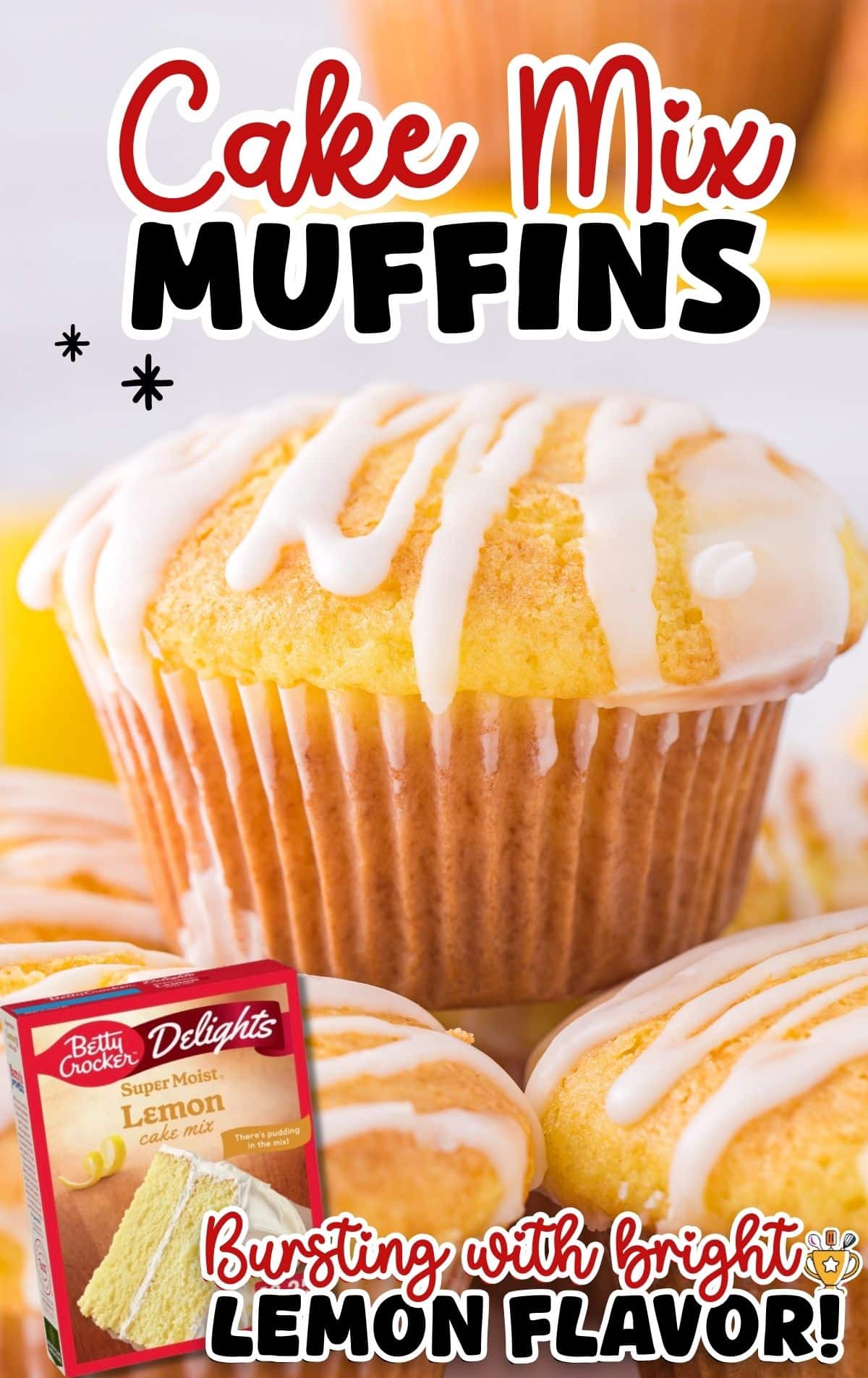 Close-up of lemon Cake Mix Muffins topped with white glaze drizzle, showing a soft, golden muffin in a paper liner with a moist, fluffy crumb and bright lemon flavor.
