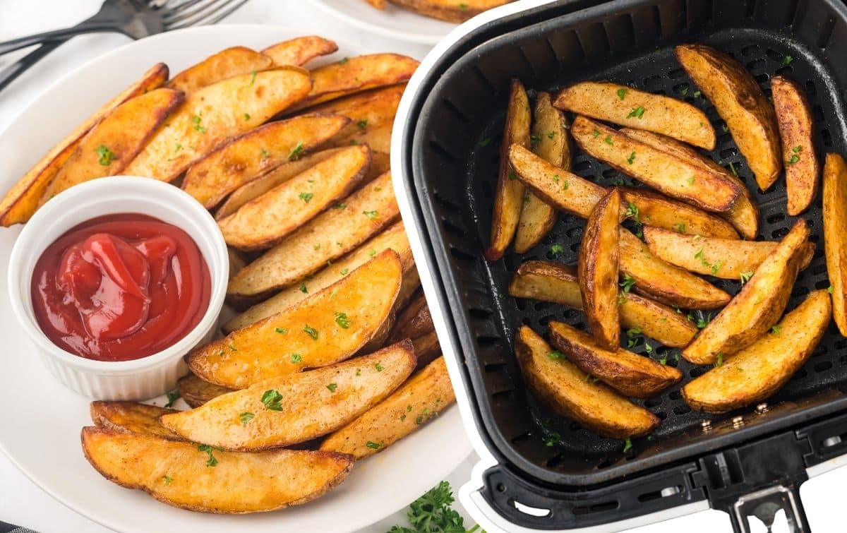Side-by-side image of air fryer potato wedges on a white plate with ketchup and a second view of wedges cooking in an air fryer basket.