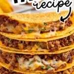 Pinterest pin featuring a stack of baked tacos filled with seasoned ground beef and melted cheese, with text “BAKED TACOS recipe,” “easy to make!” and a “BEST BLOG RECIPES” logo, plus an arrow pointing to the tacos.