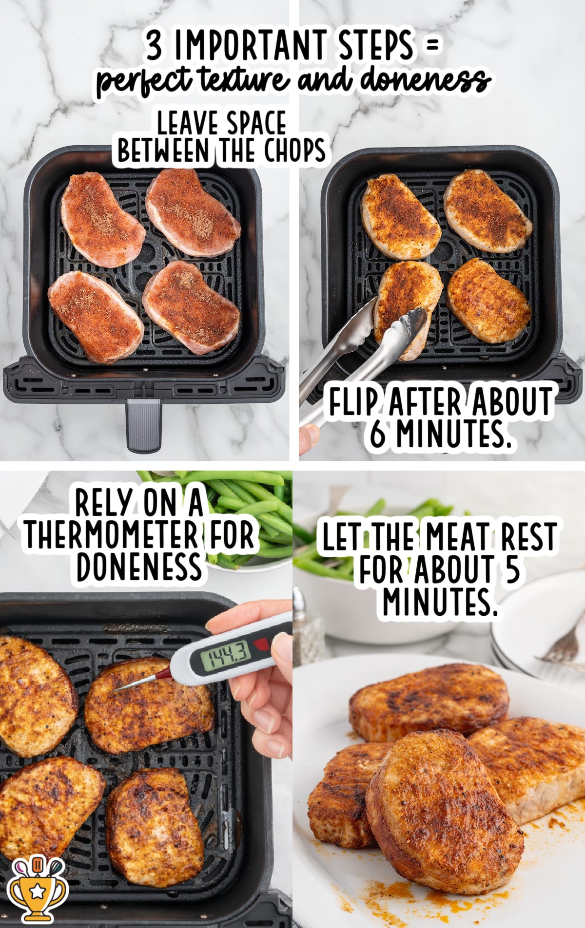 Overhead four-panel collage showing air fryer pork chops at key stages: raw seasoned pork chops spaced apart in an air fryer basket, pork chops being flipped with tongs after browning, a digital thermometer inserted into a cooked chop reading 144°F to check doneness, and finished pork chops resting on a plate; text overlays highlight steps for spacing, flipping, using a thermometer, and resting for best texture and doneness.