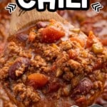 Pinterest graphic showing a wooden ladle lifting hearty crockpot chili from a slow cooker, with text: “HEARTY CROCKPOT CHILI” and “SO EASY, SET IT & FORGET IT!!” plus a small inset image of chili in a crockpot and the “BEST BLOG RECIPES” logo.