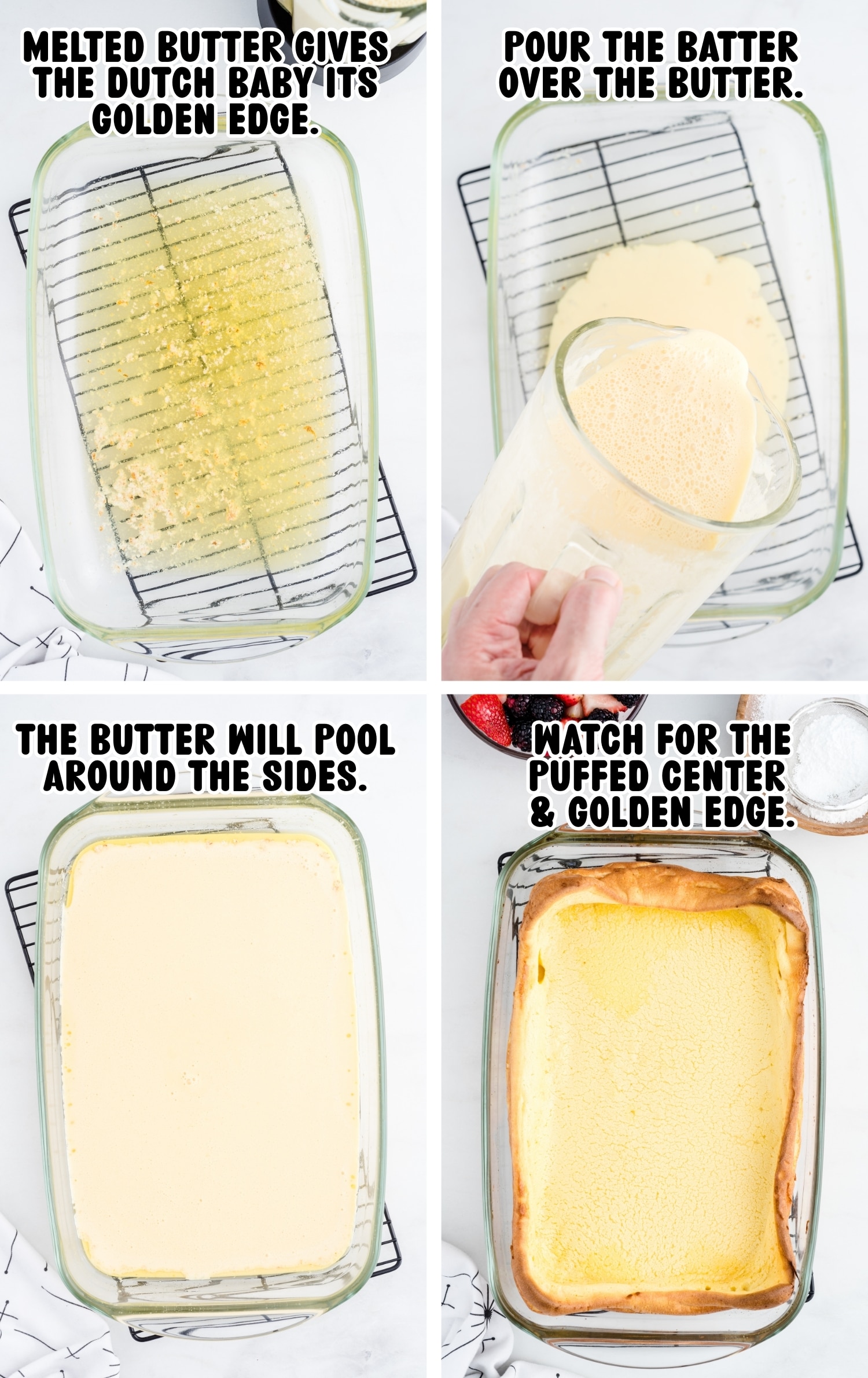 Dutch baby pancake process showing melted butter in a hot glass baking dish, batter poured over the butter, batter spread evenly, and the finished oven-baked pancake with golden edges