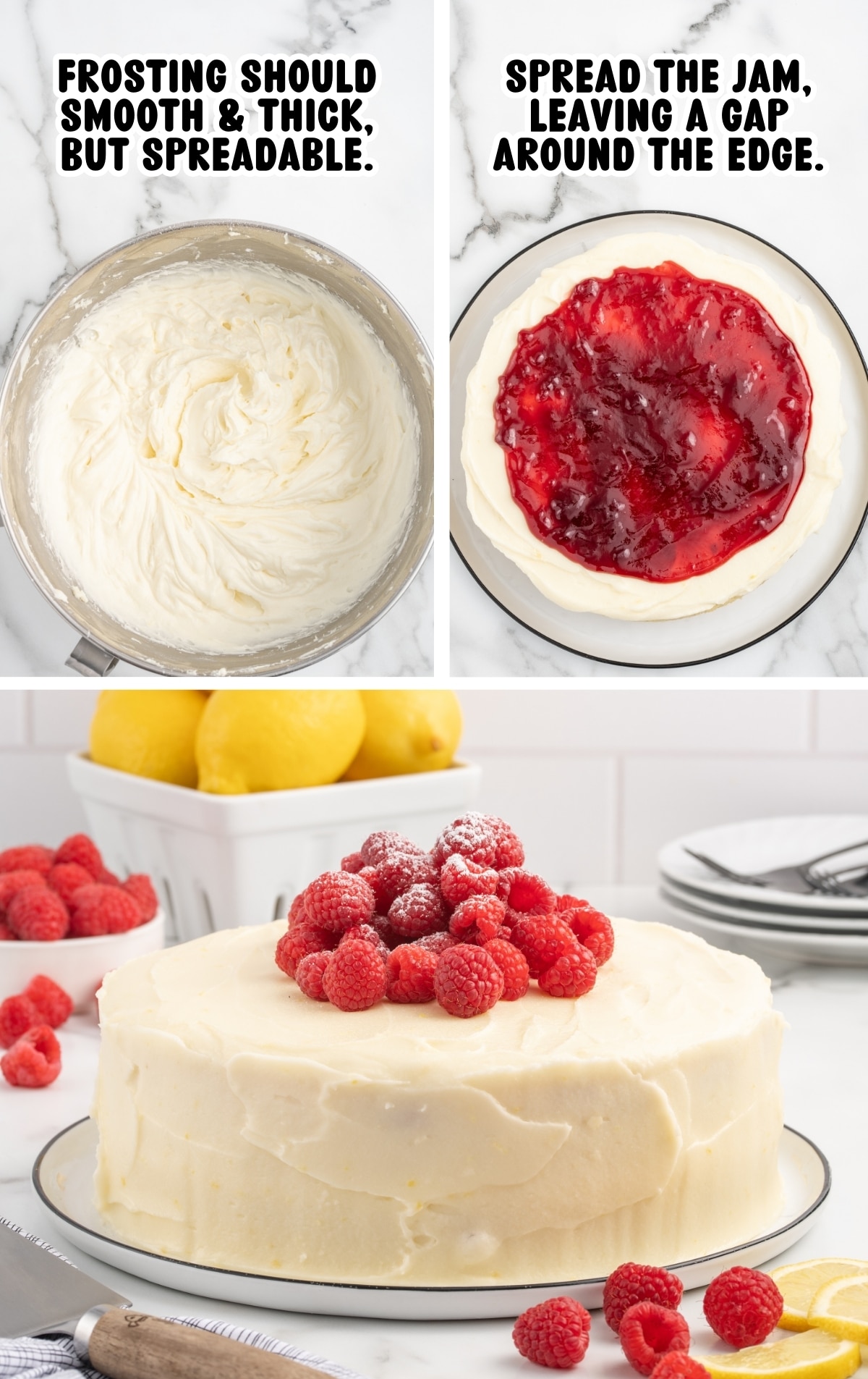 Two-step process image showing lemon cream cheese frosting whipped smooth and thick in a mixing bowl, alongside a single lemon cake layer spread with an even layer of frosting and topped with raspberry jam concentrated in the center, leaving a visible gap around the outer edge for stacking.