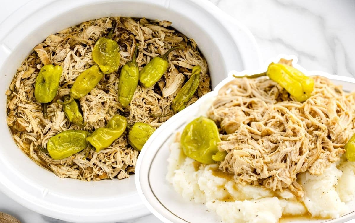 Side-by-side image of Mississippi chicken in a white crockpot with pepperoncini and shredded chicken, next to a plated serving over mashed potatoes with pepperoncini and gravy.
