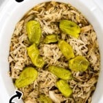 Pinterest-style pin with an overhead crockpot of shredded Mississippi chicken and pepperoncini, with text “MISSISSIPPI CHICKEN” and “savory CROCKPOT DISH!!” plus a small “BEST BLOG RECIPES” logo and a small plated serving in the corner.
