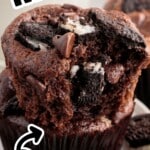 Pinterest-style close-up of a broken-open chocolate Oreo muffin in a dark liner, showing Oreo pieces and chocolate chips in the crumb, with an Oreo cookie package graphic and bakery-style muffins blurred in the background; text reads &ldquo;EASY OREO MUFFINS&rdquo; and &ldquo;the KIDS LOVE THIS!!&rdquo; with a Best Blog Recipes logo.