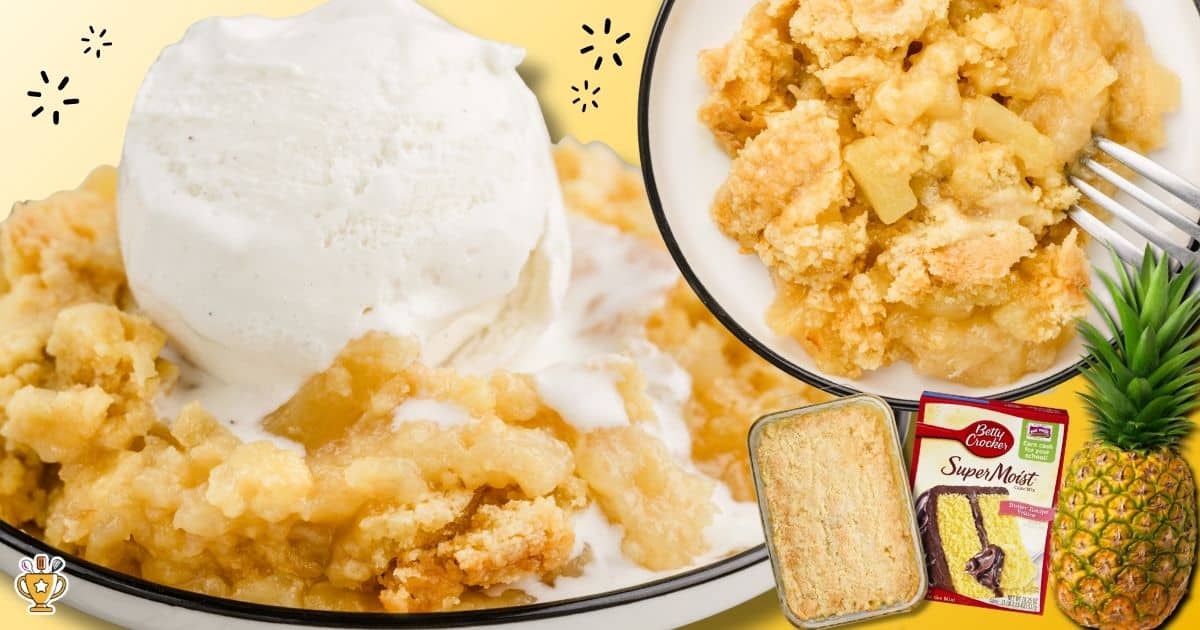 Pineapple dump cake with a buttery cake mix topping and soft pineapple filling, served warm with a scoop of vanilla ice cream, with a close-up bowl of the cake and ingredient visuals in the background.