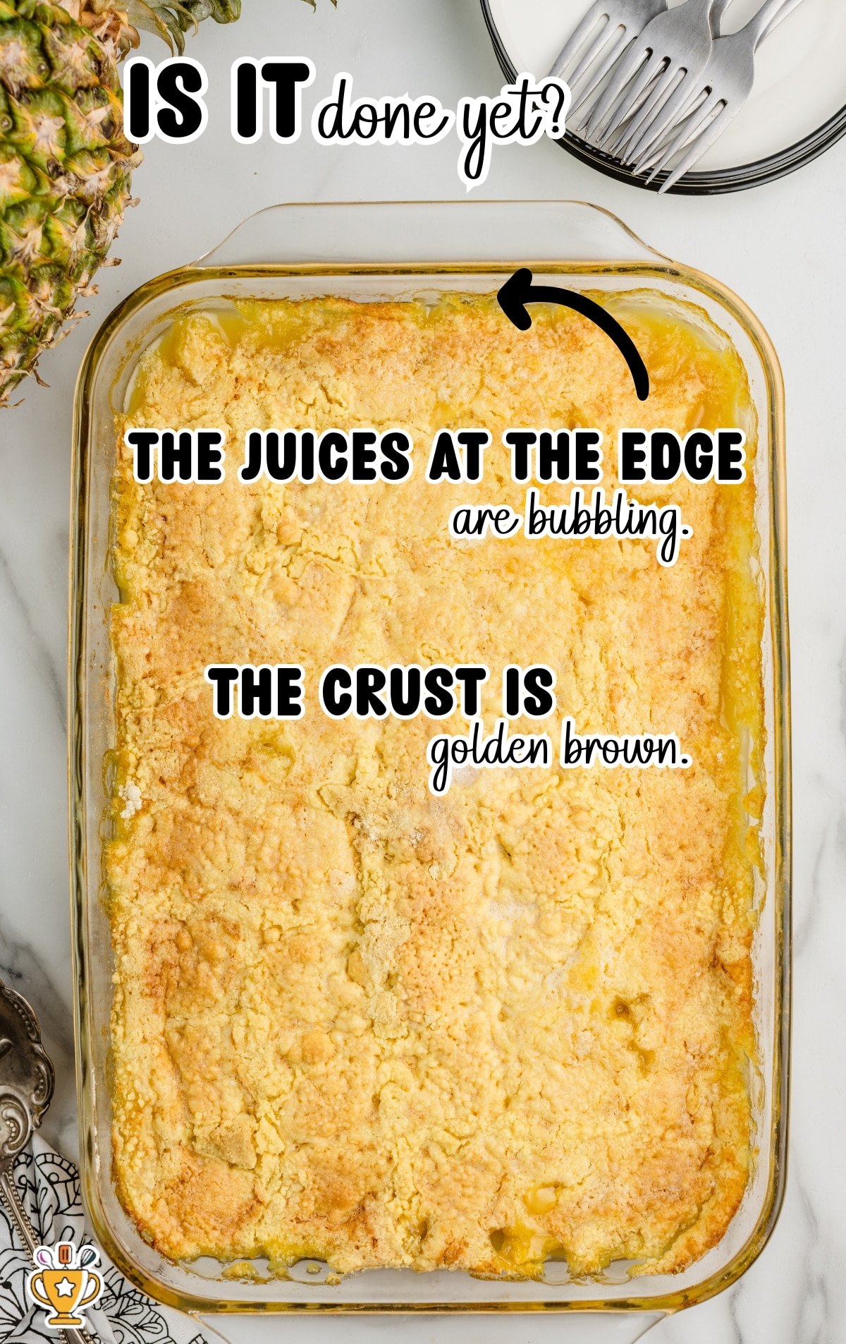 Baked pineapple dump cake in a glass baking dish, showing a golden brown cake mix topping with bubbling pineapple juices around the edges, labeled to show visual signs of doneness.