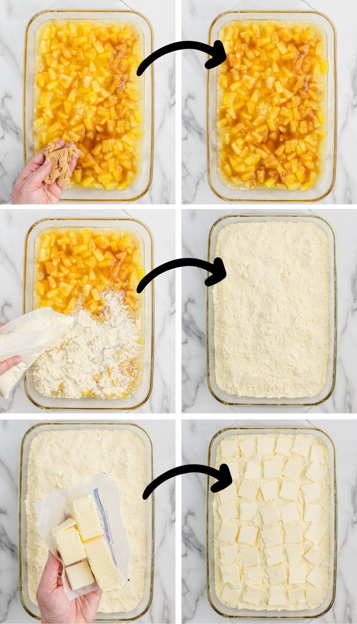 Step-by-step process showing how to make pineapple dump cake, with canned pineapple spread in a baking dish, brown sugar sprinkled over the fruit, dry yellow cake mix added on top, and sliced butter placed evenly before baking.