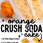 Pinterest-style graphic of an orange soda cake slice with white frosting and an orange frosting rosette on a white plate, with text “orange CRUSH SODA cake” and ingredients listed: “1 TSP PURE ORANGE EXTRACT, 15.25 OZ VANILLA CAKE MIX, 2 TO 3 DROPS FOOD COLOR, 24 OZ WHITE FROSTING, 12 OZ ORANGE SODA,” plus “FIND MORE RECIPES AT THEBESTBLOGRECIPES.COM”.