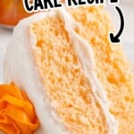 Pinterest-style pin showing a frosted orange soda cake slice with an orange rosette, a can of Crush Orange, and text that reads “SODA CAKE RECIPE” and “NO MILK! NO EGGS!” plus a small “BEST BLOG RECIPES” logo