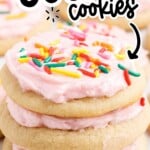 Pinterest graphic showing a close-up stack of frosted Softest Sugar Cookies with rainbow sprinkles, with text: “SOFTEST SUGAR cookies” and “Sooo easy to make!” plus a curved arrow pointing to the cookies and a “BEST BLOG RECIPES” logo.