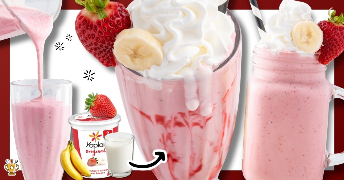 strawberry banana smoothie in a clear glass and mason jar topped with whipped cream banana slices and fresh strawberries on a red background with yogurt milk and bananas nearby