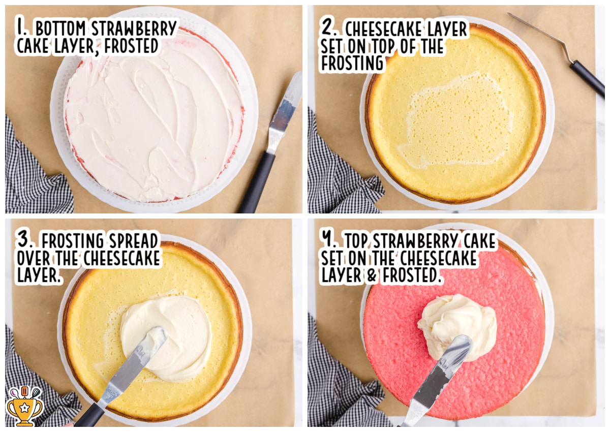 Four-step overhead assembly image showing strawberry crunch cake layers being stacked, with a frosted strawberry cake base, a baked cheesecake layer placed on top, frosting spread over the cheesecake, and a second strawberry cake layer added before final frosting.