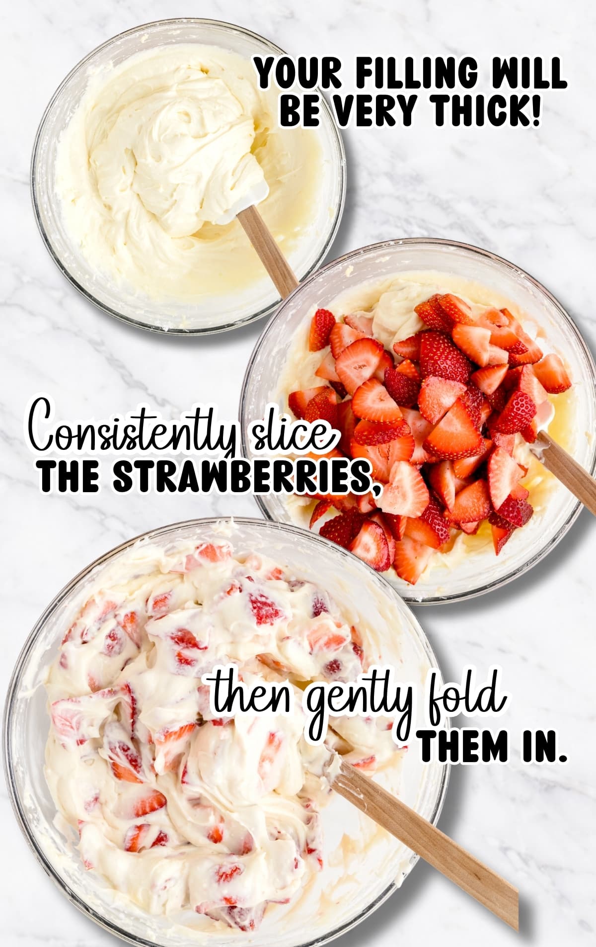 Cream cheese and pudding filling shown at three stages in glass bowls on a marble countertop: a thick, smooth cream base, sliced fresh strawberries added on top, and the strawberries gently folded into the filling to create a chunky, creamy mixture for strawberry trifle layers.