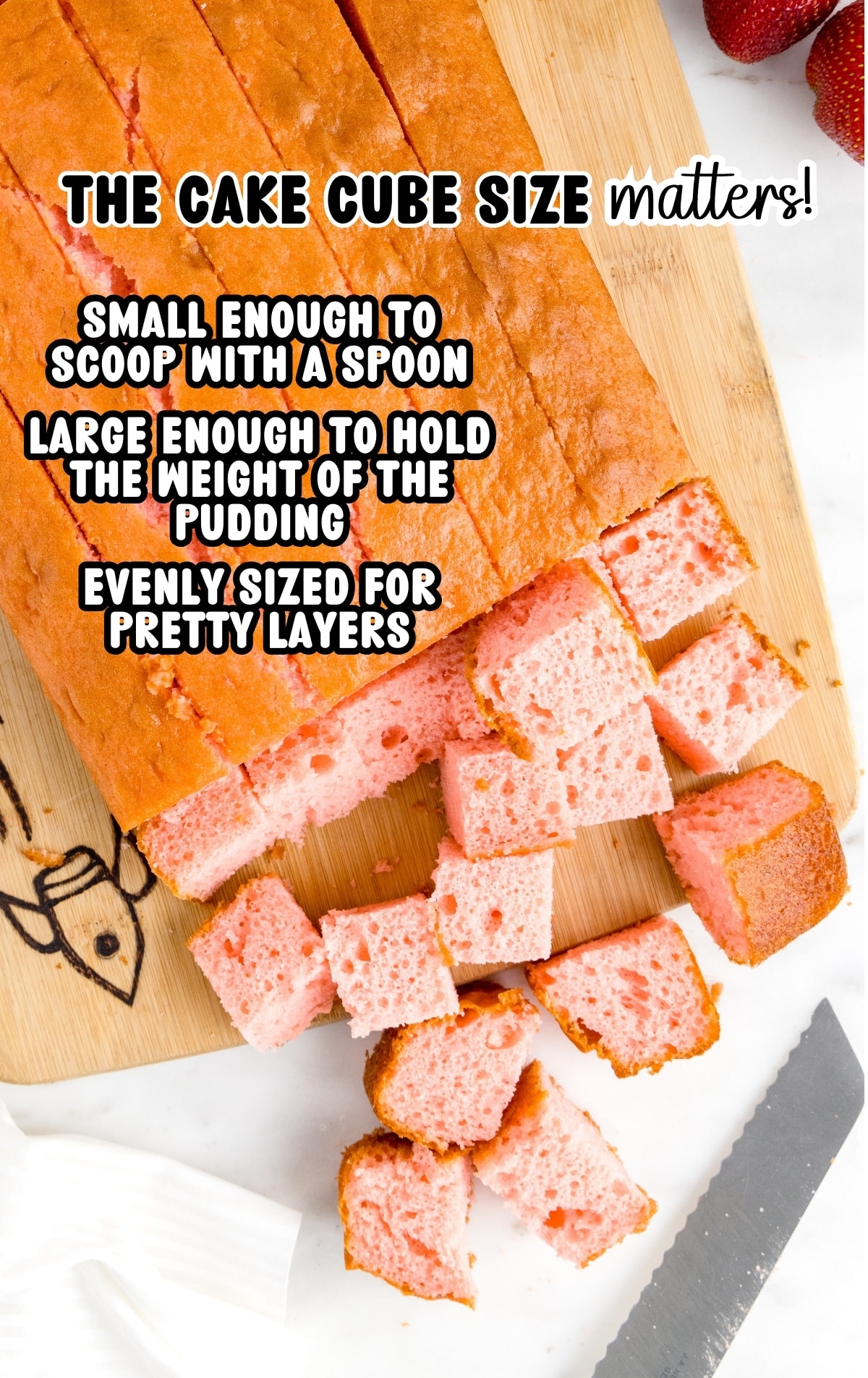 Strawberry cake cut into evenly sized cubes on a cutting board, showing firm ¾- to 1-inch pieces for layering in a strawberry trifle, with text overlay explaining that cube size helps support the pudding and create clean layers.