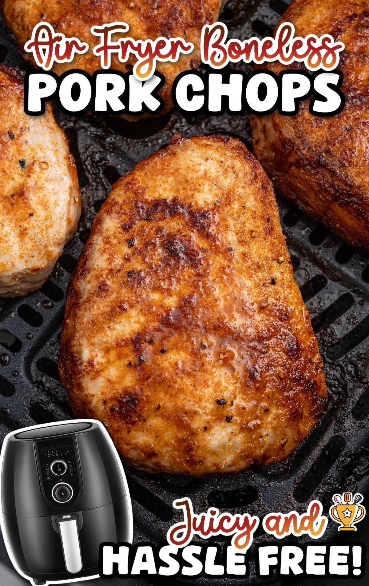 Image with text reading “Air Fryer Boneless Pork Chops” and “Juicy and Hassle Free!” featuring a close-up of a golden-brown pork chop in an air fryer basket with a black air fryer appliance pictured below.