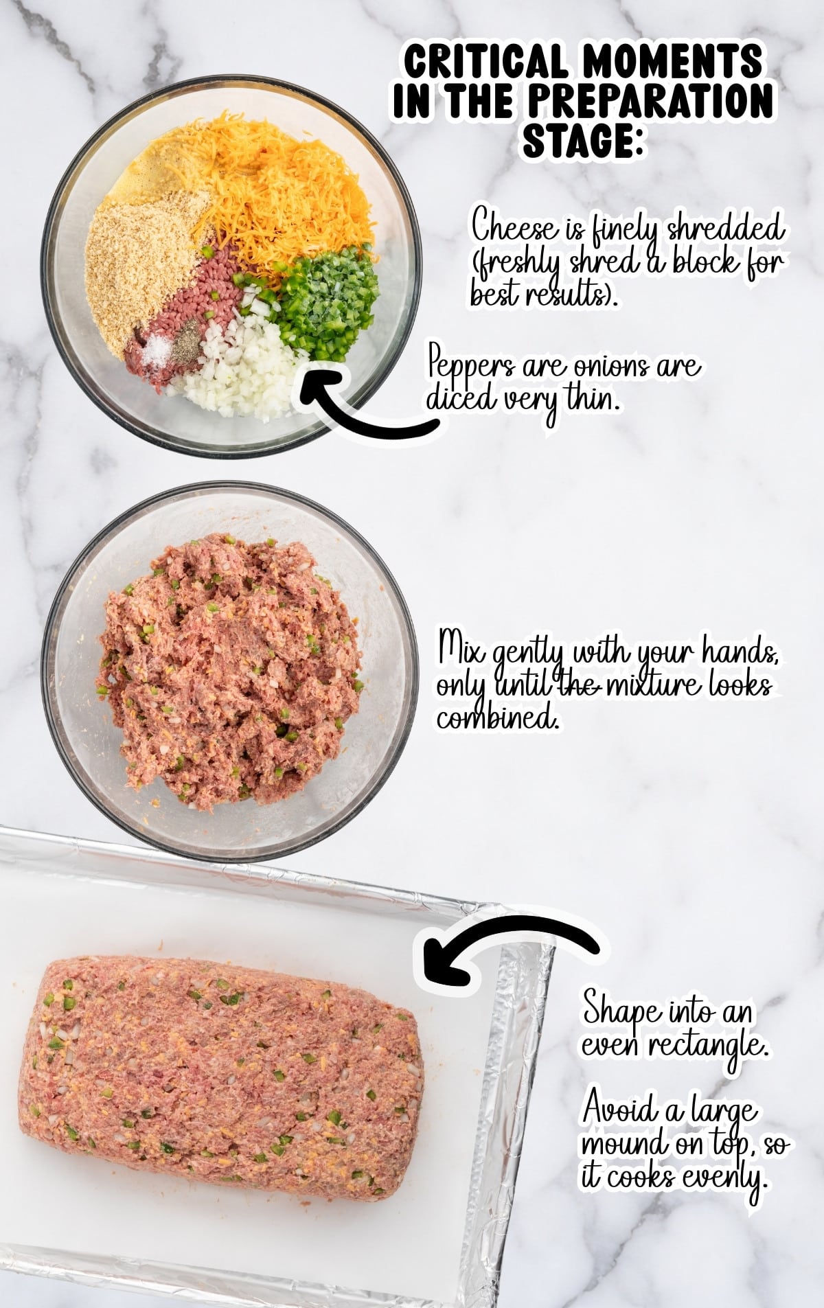 Vertical process image showing three preparation stages for Cracker Barrel–style meatloaf on a white and gray marble countertop. At the top, an overhead bowl displays raw meatloaf ingredients separated before mixing, including ground beef, finely shredded cheddar cheese, crushed Ritz crackers, diced green bell pepper, finely chopped onion, eggs, salt, and black pepper. In the middle, a bowl shows the meatloaf mixture gently combined, with visible bits of onion and bell pepper throughout the beef. At the bottom, the raw meatloaf is shaped into an even rectangular loaf on a foil-lined rimmed baking sheet, with smooth sides and a flat top ready for baking.