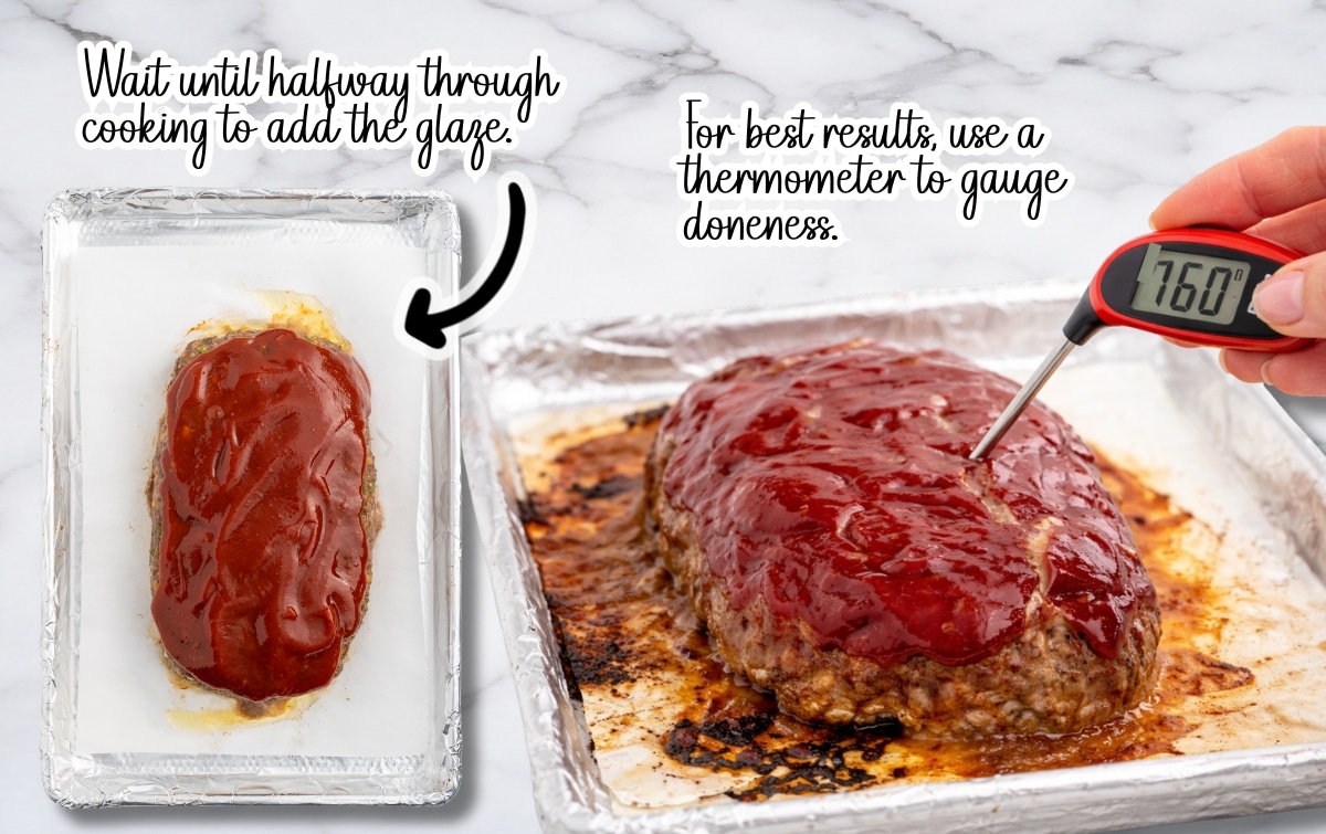 Side-by-side process image showing two stages of baking Cracker Barrel–style meatloaf on a foil-lined baking sheet. On the left, the meatloaf appears partway through cooking with a thick layer of red ketchup glaze spread over the top, with on-image text reading “Wait until halfway through cooking to add the glaze.” On the right, the fully baked meatloaf is coated in a glossy, set glaze while a hand holds a digital thermometer inserted into the center, displaying a temperature of 160°F. Additional on-image text reads “For best results, use a thermometer to gauge doneness.”
