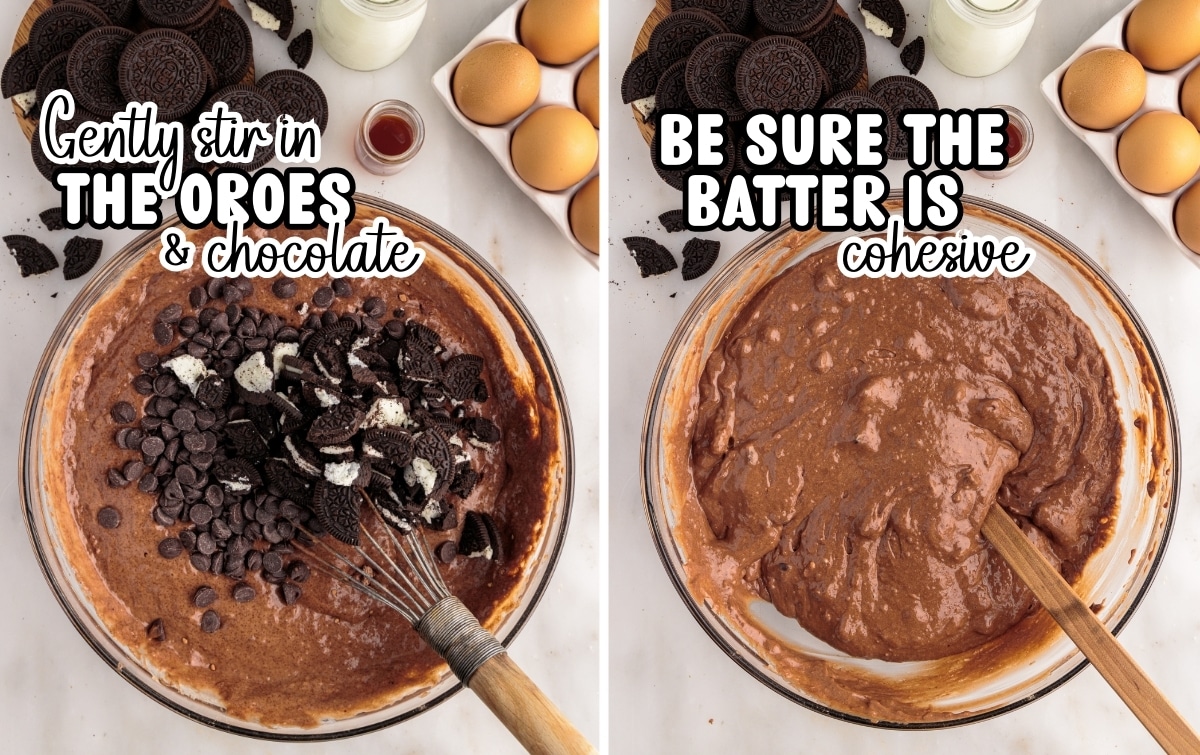 Overhead collage showing Oreo muffin batter before and after mixing, with crushed Oreo cookies and chocolate chips gently folded into a thick, cohesive cookies and cream muffin batter in a glass bowl.