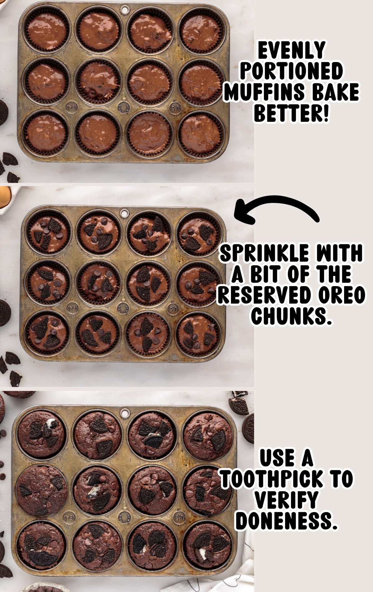 Overhead process collage showing Oreo muffin batter evenly portioned into a lined muffin pan, topped with reserved Oreo chunks before baking, and fully baked Oreo muffins with set tops and visible cookie pieces, illustrating proper portioning, topping, and doneness.