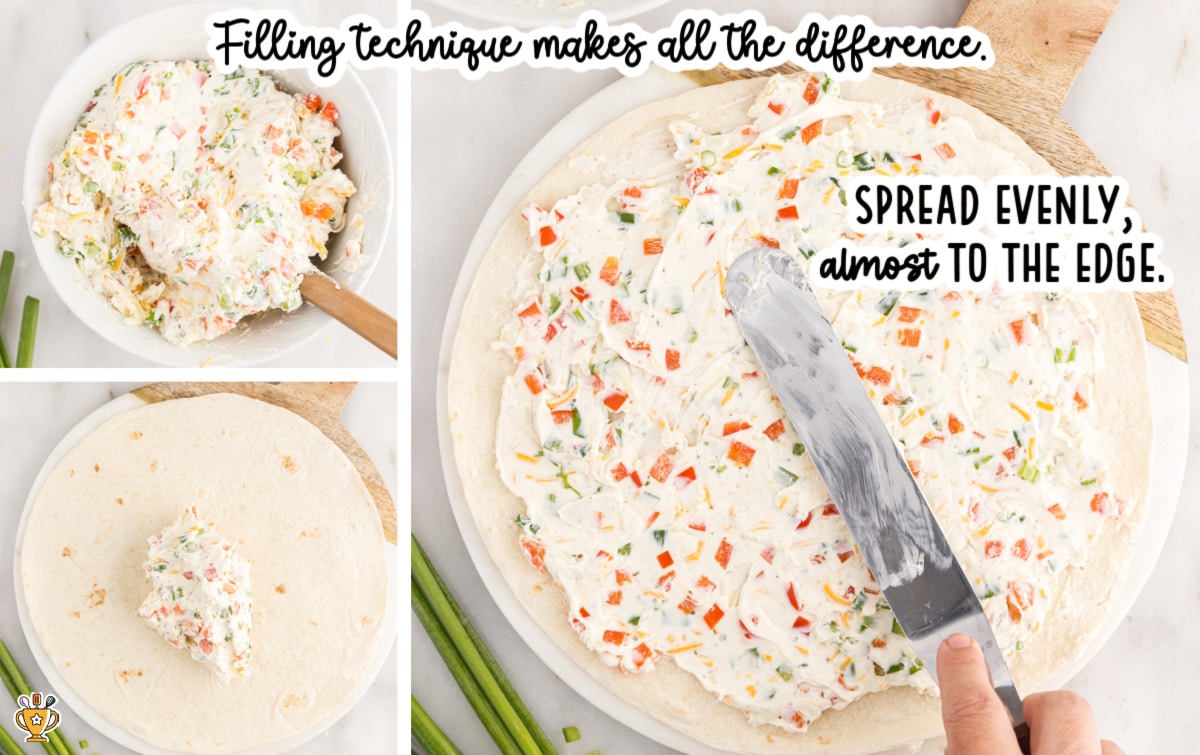 Process image showing ranch roll ups filling being spread evenly across a flour tortilla with an offset spatula, reaching close to the edges for clean slicing.