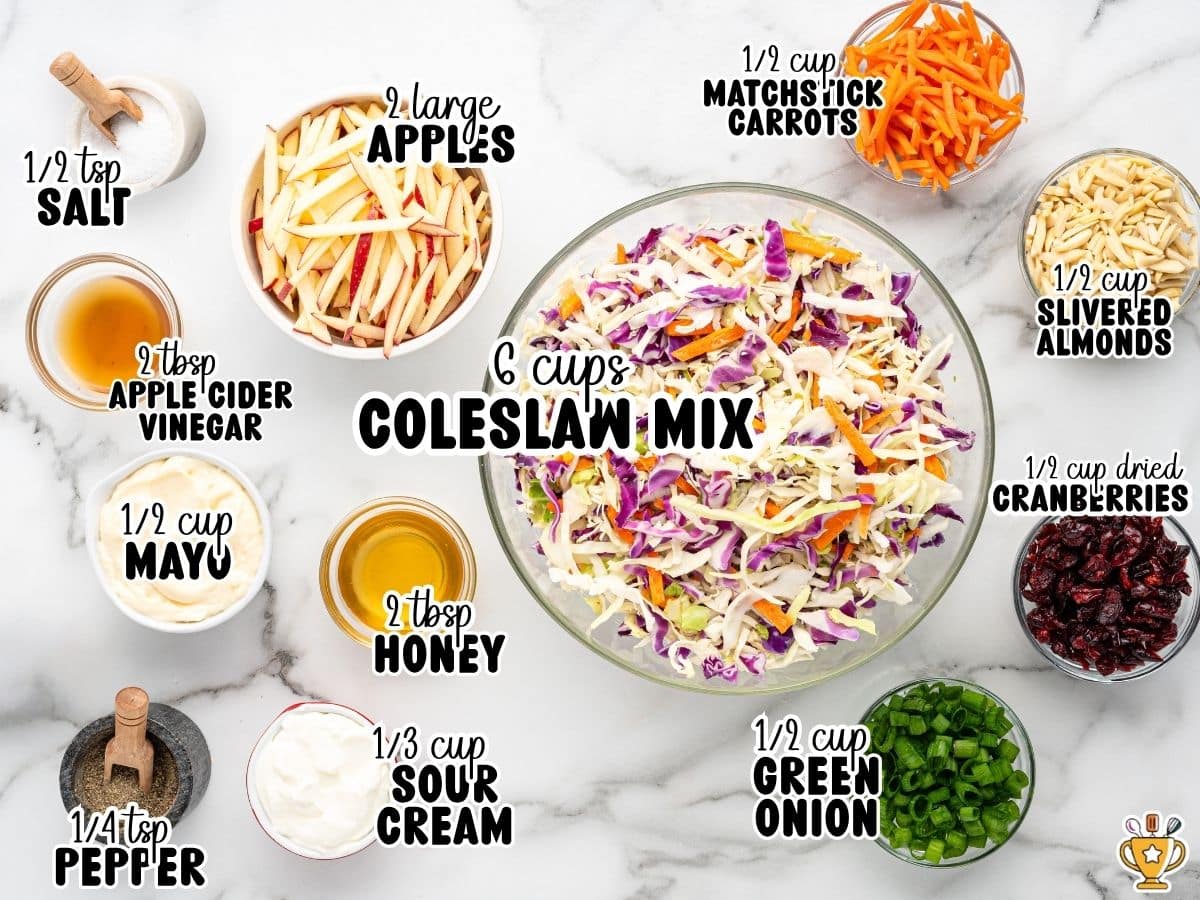 Ingredient shot for Apple Slaw with coleslaw mix, apples, matchstick carrots, slivered almonds, dried cranberries, green onion, mayonnaise, sour cream, honey, apple cider vinegar, salt, and pepper arranged in bowls. On-image text labels each ingredient and amount.