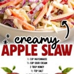 Pinterest graphic for Apple Slaw with a bowl of creamy slaw at the top and two red apples near the ingredient list. On-image text says “creamy APPLE SLAW” and lists “½ cup mayonnaise, ⅓ cup sour cream, 2 tbsp honey, ½ tsp salt, ¼ tsp black pepper, 6 cups coleslaw mix, 2 large red apples, 2 tbsp apple cider vinegar, ½ cup matchstick carrots, ½ cup sliced green onions, ½ cup dried cranberries, ½ cup slivered almonds,” plus “Find more recipes at thebestblogrecipes.com.”
