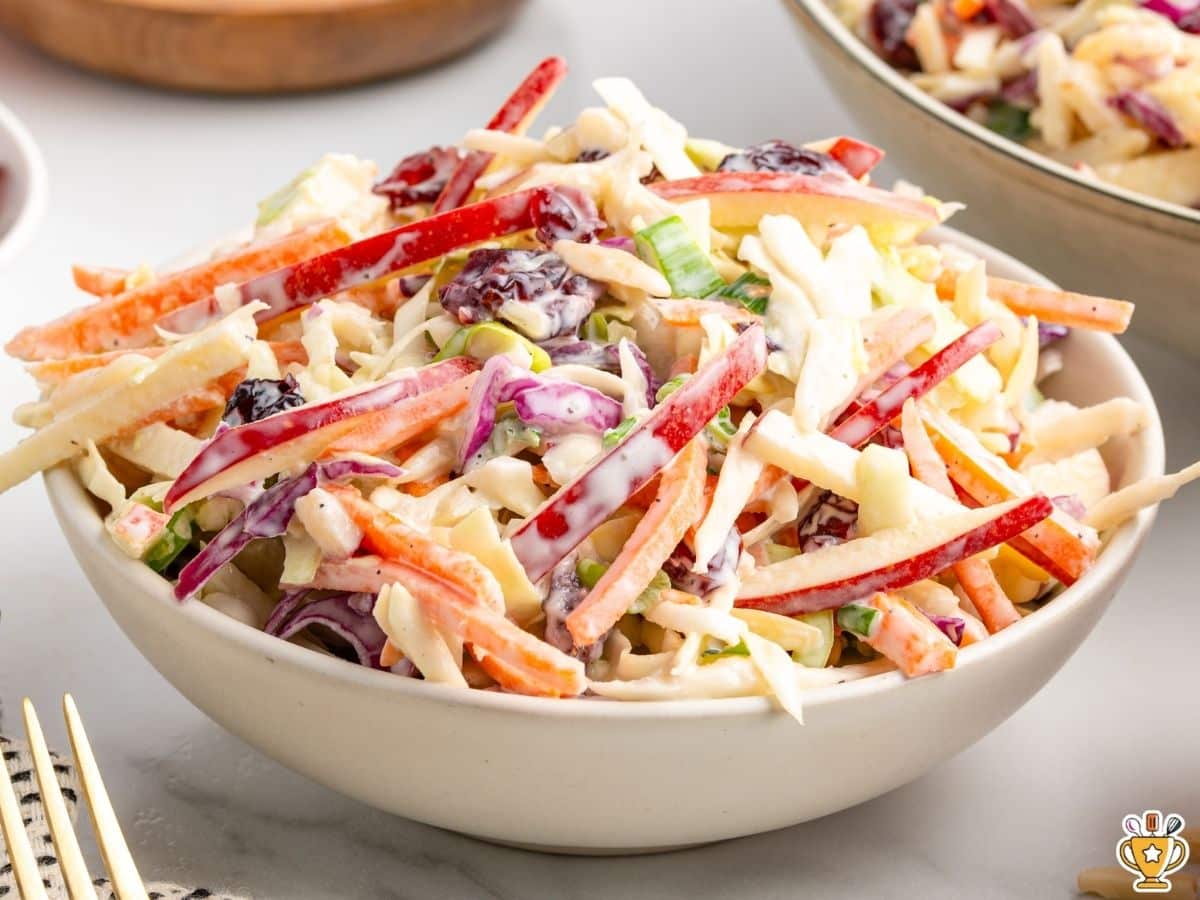 Bowl of Apple Slaw on a gray surface, filled with creamy coleslaw mix, red apple slices, carrots, green onions, and dried cranberries, with extra slaw bowls softly blurred in the background.