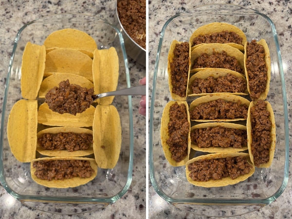 Hard taco shells arranged upright in a glass baking dish, being filled with thick, well-cooked taco meat, with each shell evenly portioned and spaced apart for proper baking.