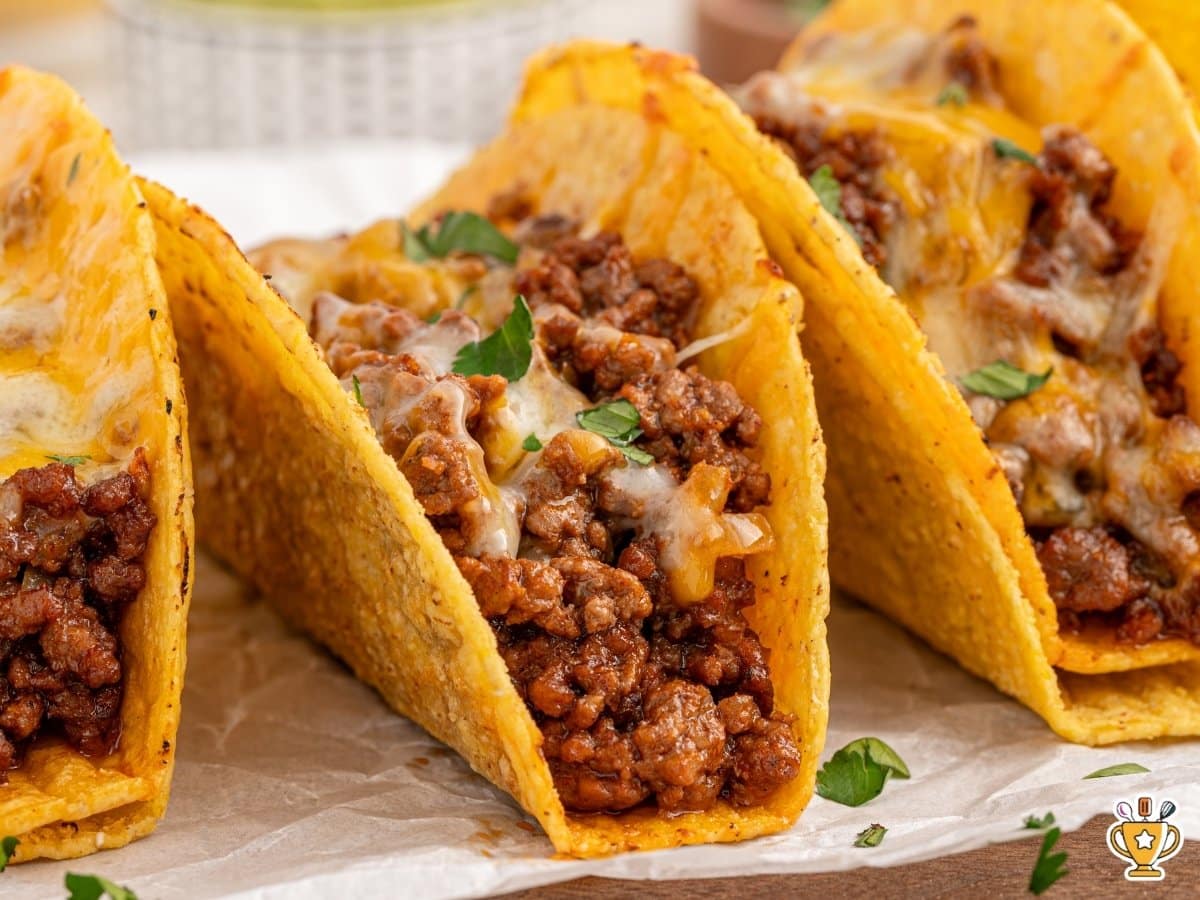 Close-up of baked hard shell tacos with crisp golden shells, filled with seasoned ground beef and topped with melted cheese, garnished with small pieces of fresh cilantro.