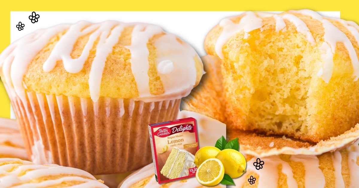 Close-up of lemon cake mix muffins with glaze, one muffin cut open to show the soft, fluffy crumb, with a lemon cake mix box and fresh lemons on a bright yellow background.
