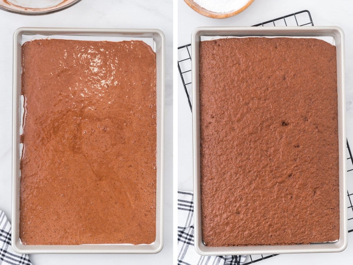 Side-by-side view of chocolate roll cake batter spread in a parchment-lined baking sheet before baking and the fully baked sponge cake after baking, showing a smooth, glossy batter on the left and a set, matte, evenly risen cake on the right.