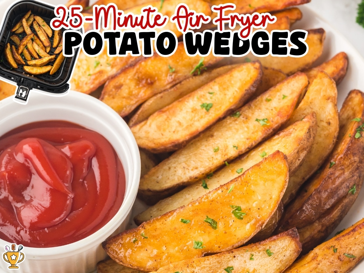 Air fryer potato wedges served on a plate with crispy golden edges and soft centers, garnished with parsley and paired with a small bowl of ketchup.