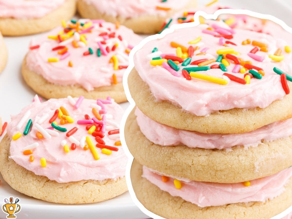 soft sugar cookies with pink frosting and rainbow sprinkles stacked on a white plate, bakery-style frosted sugar cookies with thick soft texture