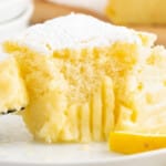 lemon custard cake slice showing three layers with fluffy top, creamy center, and dense base