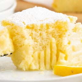lemon custard cake slice showing three layers with fluffy top, creamy center, and dense base